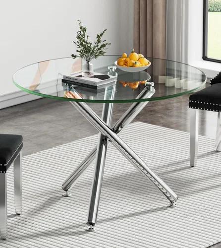 Vista 23 de Mesa de comedor redonda, mesa de cocina de vidrio de 36 pulgadas para 4 personas, mesa de comedor de vidrio templado con patas de metal plateadas