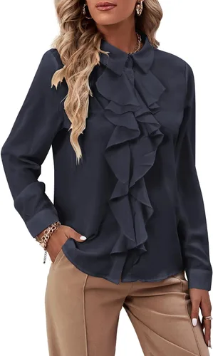 Vista 11 de LYANER - Blusa de manga larga con cuello de botón y volantes en la parte delantera para mujer