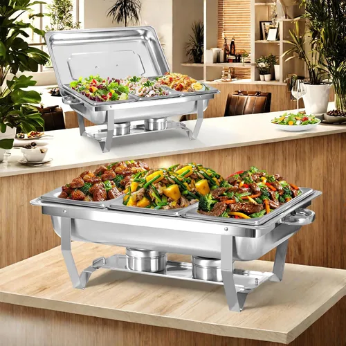 Vista 9 de Juego de 2 Platos de Roce de 8 Qt para Buffet, Juego de Chafer para Catering de Acero Inoxidable de Tamaño Completo Dorado, Rectangular
