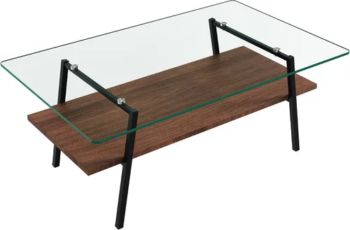 Vista 7 de Mesa de centro moderna rectangular con tapa de vidrio templado con estante de madera para el hogar, sala de estar, oficina, tienda o dormitorio