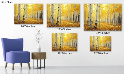 Vista 4 de UZMKM Lienzo decorativo de abedul para pared, pintura de bosque otoñal, imagen panorámica de paisaje, vista de la naturaleza amarilla, obra de arte