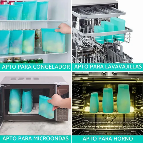 Vista 6 de Bolsas de Alimentos Reutilizables, Paquete de 12 Bolsas de Almacenamiento de Alimentos 100% Silicona que se Mantienen de Pie con Cierre Hermético