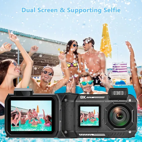 Vista 4 de Cámara Digital Impermeable 8K para Esnórquel: 70MP 33FT Cámara Subacuática Compacta Resistente HD de Doble Pantalla con Zoom de 18X Selfie, Tarjeta