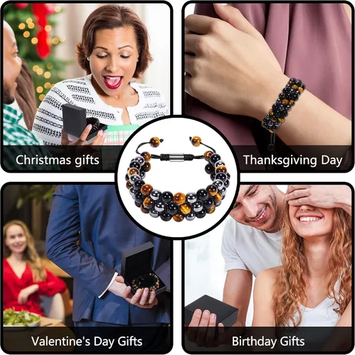 Vista 7 de Pulsera de Triple Protección - Para Protección - Trae Suerte y Prosperidad - Hematita - Obsidiana Negra - Ojo de Tigre - Pulsera de Piedra