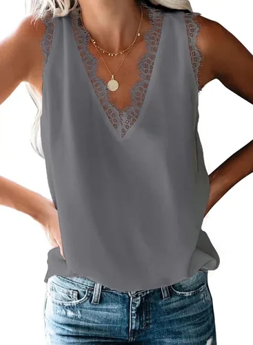 Vista 13 de BLENCOT Camiseta sin mangas con cuello en V para mujer, blusa de encaje, chaleco casual, camisola de verano Albaricoque