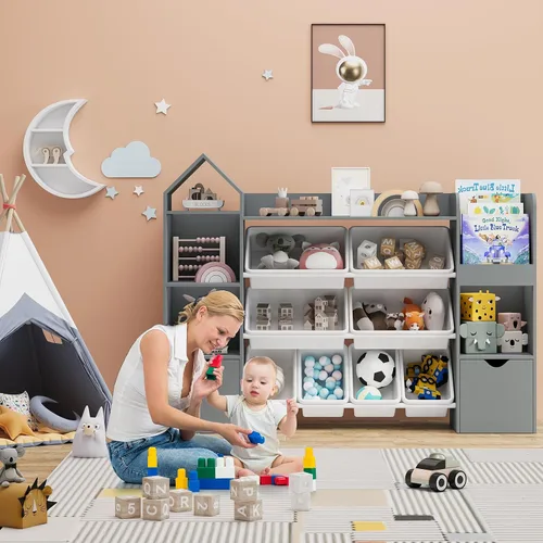 Vista 3 de Organizador de almacenamiento de juguetes para niños, estantería gris con 8 contenedores de juguetes extraíbles, organizadores de almacenamiento