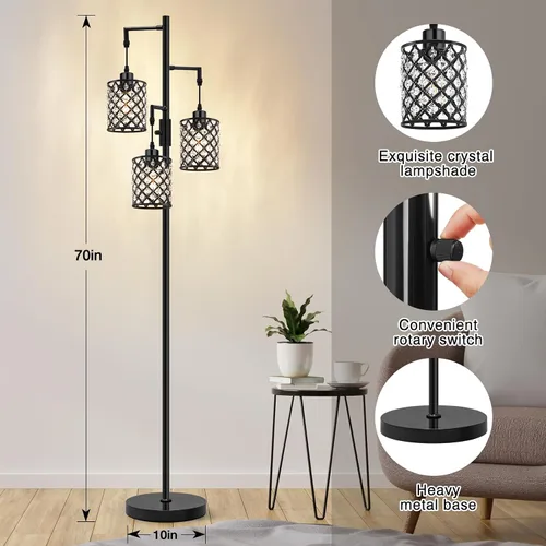 Vista 5 de Lámparas de pie de cristal GyroVu para sala de estar, lámpara de pie negra de 3 luces, lámpara alta de pie con elegante pantalla de cristal K9