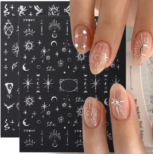 Vista 6 de Calcomanías de uñas metálicas plateadas 3D – Calcomanías de uñas para mujer, diseño de estrellas, luna y sol, decoración de mariposas y bohemio