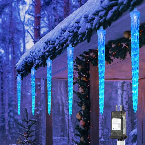 Vista 8 de Brightown Luces de carámbano para exteriores, luces de lluvia de meteoritos de 19.8 pies con 20 tubos, efecto de luz de estrella fugaz de nevada