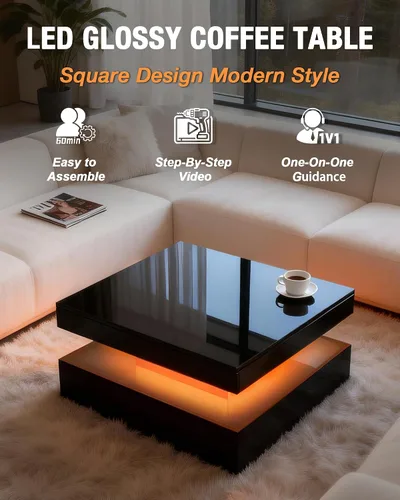 Vista 3 de FKWin Mesas de centro negras para sala de estar, mesa de centro LED con luces, moderna mesa de centro negra con superficie de alto brillo, mesa