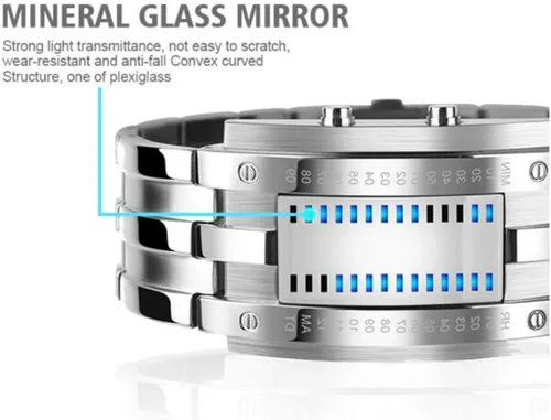 Vista 5 de Reloj rectangular de acero inoxidable para hombre, reloj LED azul, reloj clásico creativo de moda negro galvanizado, plateado, Moda casual