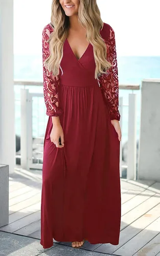 Vista 5 de Kranda - Vestido largo de fiesta con manga larga de encaje floral, estilo vintage, cuello en V y frente cruzado falso para mujer