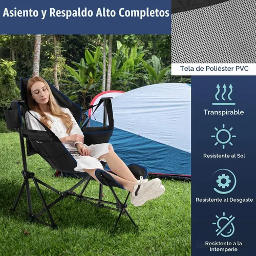 Vista 4 de Giantex Hamaca para exteriores, silla de campamento, mecedora con reposapiés extraíble, respaldo ajustable, almohada, soporte para tazas, bolsa