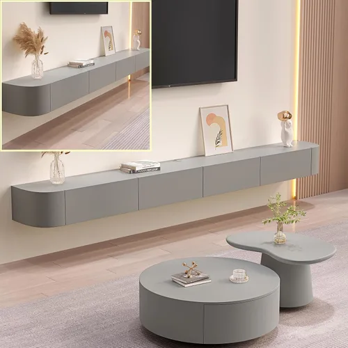 Vista 11 de Consola flotante de TV para montaje en pared, gran unidad negra con cajones de almacenamiento y soporte de enrutador, 94.5 x 7.9 x 9.4 in
