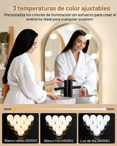 Vista 3 de 10 Bombillas Luces LED de Tocador para Espejo, 3000K 4000K 6500K y 10 Niveles de Brillo, Longitud de Cable Ajustable, Cable USB, Luces de Espejo