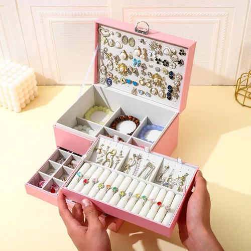 Vista 3 de BOOVO Joyero de aretes para mujeres y niñas, organizador de tachuelas, caja organizadora de joyas de 5 capas con candado, organizador de aretes