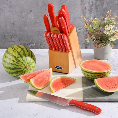 Vista 5 de Oster Scottsdale - Juego de cuchillos de cocina de acero inoxidable (14 piezas), color rojo