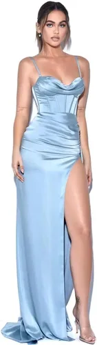 Vista 4 de Women's Spaghetti Straps Satin Prom Dress with Train Corset Mermaid Bridesmaid Dress Long Formal Evening Party Gown