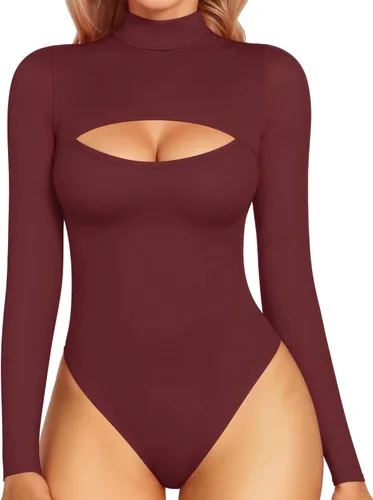 Vista 29 de MANGOPOP - Body de cuello alto con recorte frontal para mujer, manga larga, sin mangas, cuello de tortuga, trajes sexys 01 Manga larga negra