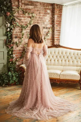 Vista 4 de yinyyinhs Vestido de maternidad de tul con perlas para sesión de fotos, manga larga hinchada, hombros descubiertos, vestido de maternidad para baby