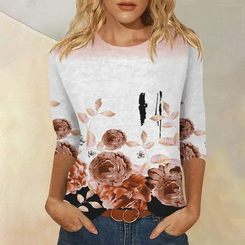 Vista 3 de Ropa de otoño para mujer 2023, blusa de manga corta con cuello redondo y estampado de flores