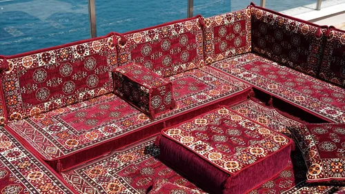 Vista 4 de arabicsofa Sofás seccionales en U hechos a mano – Asientos tradicionales en el suelo estilo Jalsa árabe