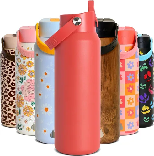 Vista 50 de Elemental Botella de agua aislada de 24 onzas con popote, botellas de agua con núcleo de acero inoxidable 100% a prueba de fugas para viajes, Beige