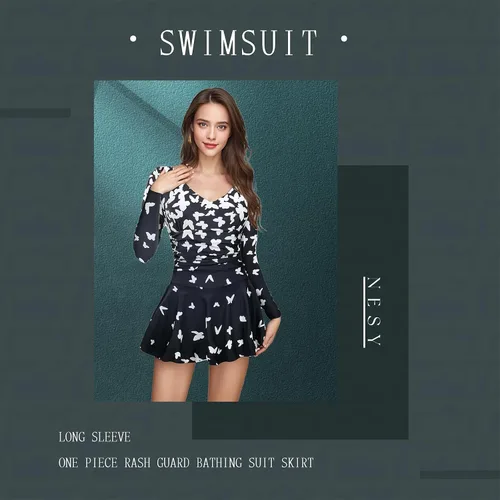 Vista 3 de NESY Traje de baño de manga larga para mujer, de una pieza, con protección contra erupciones, traje de baño Boyleg UPF 50+, vestido de natación
