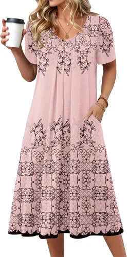 Vista 15 de Zeagoo Vestido de verano para mujer, casual, floral, midi, con bolsillos, cuello en V, plisado, manga corta, estilo alineado, para vacaciones