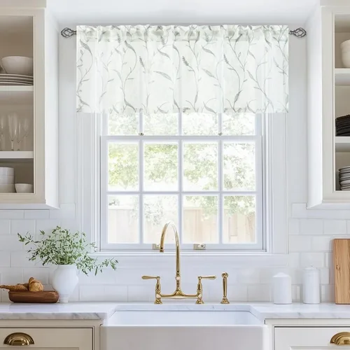 Vista 23 de VOGOL Juego de cortinas transparentes bordadas y cenefas para sala de estar, con bolsillo para barra blanca, par de cortinas traslúcidas