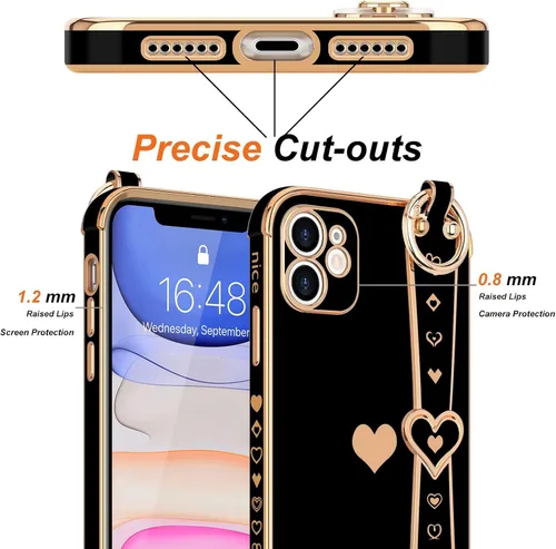 Vista 5 de LLZ.COQUE Funda para iPhone 11 con correa chapada en corazón, para mujeres y niñas, protección de lente de cámara de silicona suave, a prueba