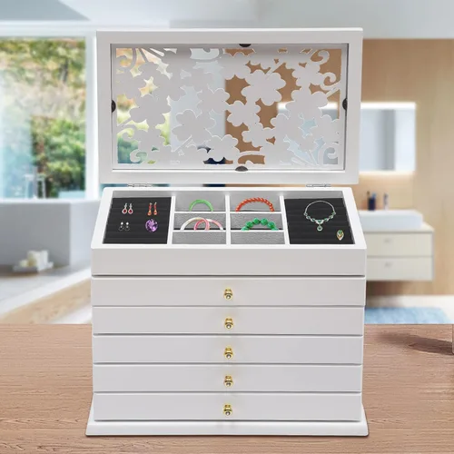 Vista 5 de Rosyouth Joyero, organizador de joyas de piel sintética de 6 niveles, joyero con tapa de vidrio con 5 cajones para collares, pulseras, relojes