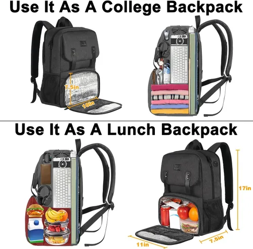 Vista 4 de Mochila de almuerzo para mujer, mochila térmica para computadora portátil con puerto de carga USB, bolsa impermeable para computadora de viaje