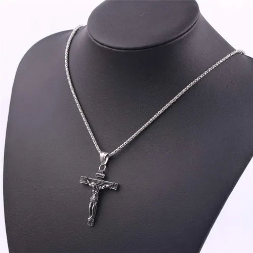 Vista 5 de Axmerdal Collar de cruz de acero inoxidable con crucifijo de Jesucristo cruz de oración del Señor para hombres y mujeres cadena de caja de 24 iNCH