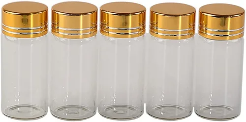 Vista 10 de 24 botellas de vidrio de 0.2 fl oz Tapa de aluminio Tapa dorada Vacío Transparente Transparente Contenedor de regalo Líquido Deseo Botellas Frascos
