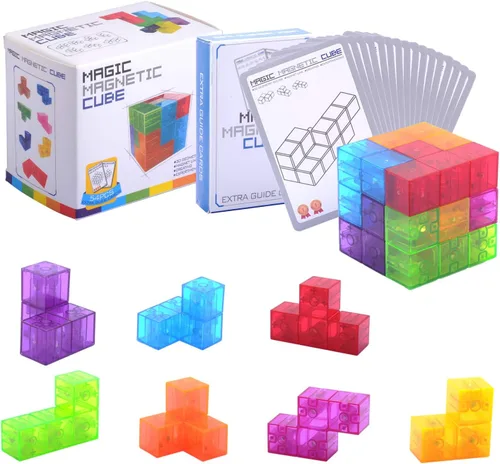 Vista 8 de WorWoder Bloques de construcción magnéticos para niños, cubos magnéticos 3D rompecabezas mágicos, juego de 7 bloques magnéticos de múltiples formas