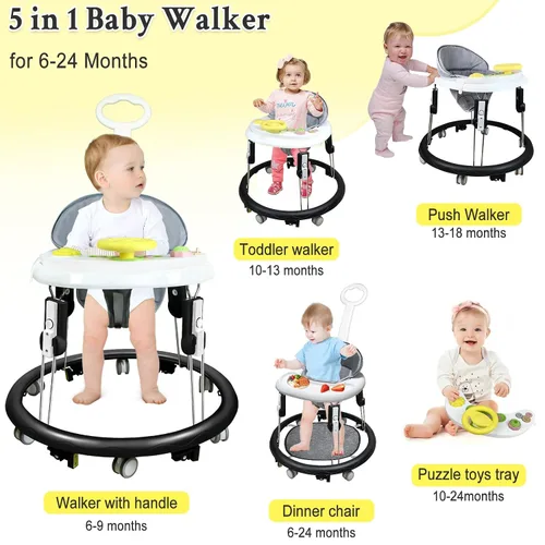 Vista 8 de Andador plegable para bebés con ruedas, caminantes portátiles 5 en 1 para Altura ajustable, bandeja de música, 2 asientos lavables, reposapiés