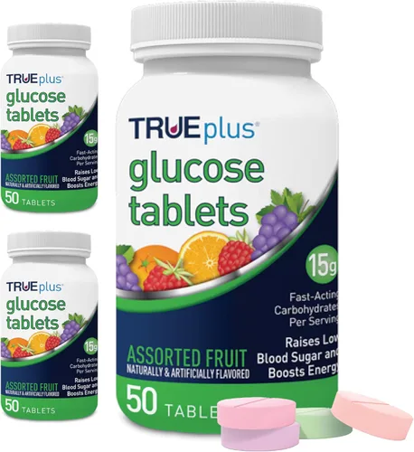 Vista 22 de TRUEplus® Tabletas de glucosa, sabor surtido (uva, frambuesa, naranja), botella de 50 unidades (1)