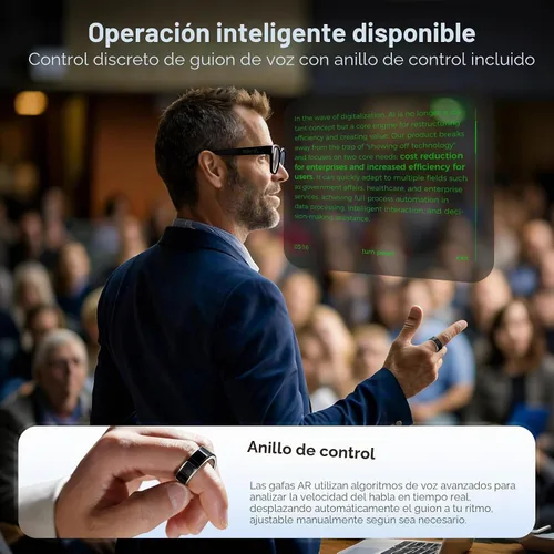 Vista 6 de Lentes inteligentes AR con pantalla de visualización, cámara HD integrada y control de anillo, lentes de teleprompter de privacidad AI HUD