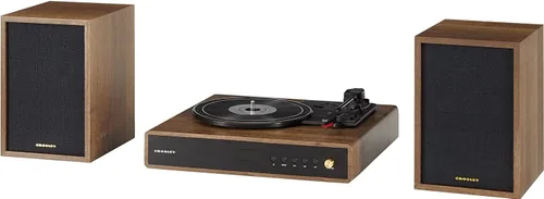 Vista 4 de Crosley CR7019A-WA Alto Sistema de estante giratorio de 3 velocidades con Bluetooth, radio FM y altavoces estéreo a juego, nogal