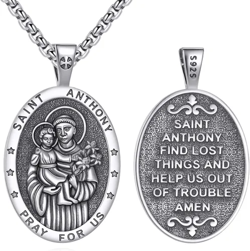 Vista 24 de Collar de Santo Patrón Plata de Ley 925 Colgante Medallón Amuleto Ovalado con Cadena de 22+2 Pulgadas Regalo de Joyería para Hombres y Mujeres