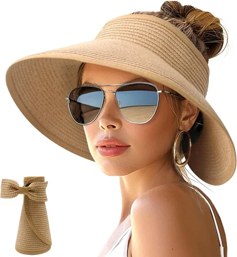Vista 10 de NPJY Sun Hats for Women Wide Brim Roll-Up Ponytail Packable Straw Visor Blanco