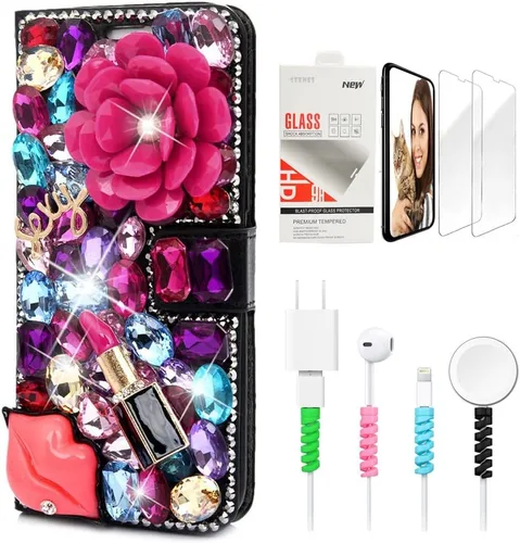Vista 7 de Bling Wallet - Funda para teléfono compatible con Google Pixel 6a, elegante, 3D, hecha a mano, con cristal de pavo real, magnética, con protector