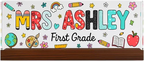 Vista 8 de Placa de nombre personalizada para escritorio para profesores, placa de nombre de acrílico personalizada para maestros con base de madera, letrero