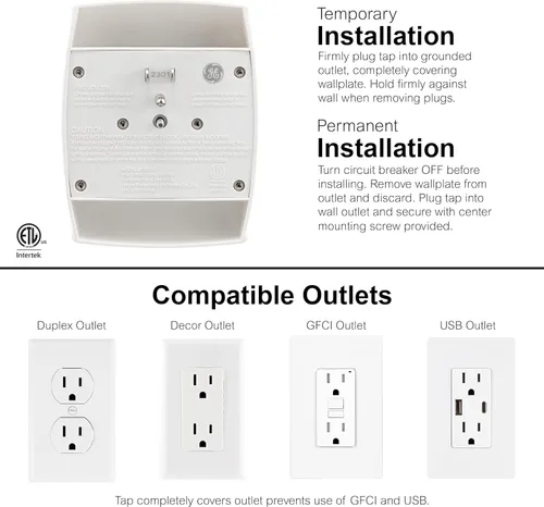 Vista 2 de GE 6-Outlet Extender Wall Tap, Grounded Adapter, Outlet Splitter, Charging Station, 3-Prong, Plug Adapter, Secure Install, Cruise Essentials, ETL