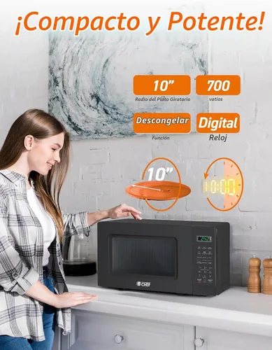 Vista 4 de Microondas Commercial CHEF de 0.7 pies cúbicos con 10 niveles de potencia, microondas de 700 W con pantalla digital, con cerradura de seguridad