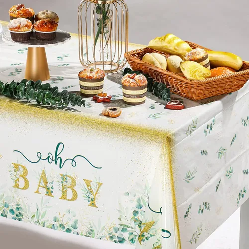 Vista 4 de Tiamon Mantel de 3 piezas de verde salvia para baby shower, 108 x 54 pulgadas, desechable, hojas de eucalipto, mantel rectangular de plástico verde