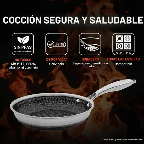 Vista 2 de Hell's Kitchen Sartén Híbrida de 8", Acero Inoxidable Tri-Clad y Cerámica Antiadherente Libre de PFAS, sin PFOA, sin PTFE, sin Teflón, Batería