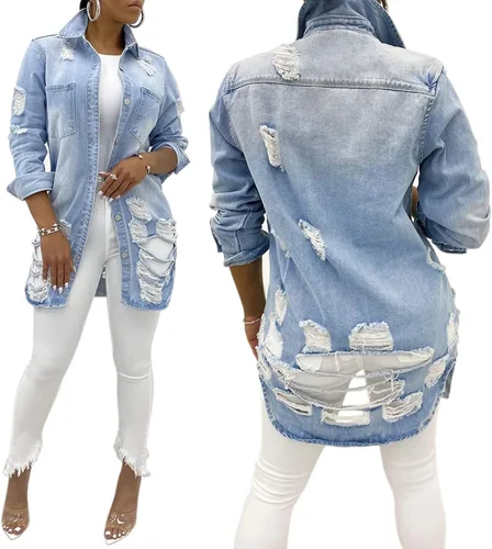 Vista 7 de SeNight Chaqueta de manga larga para mujer, con dobladillo, deshilachada y de jean, estilo camionero
