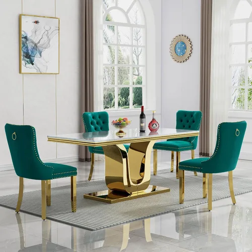 Vista 48 de Juego de 4 mesas de comedor blancas y doradas, mesa de cocina rectangular de 68 pulgadas con parte superior de mármol sintético blanco, mesa de Mesa